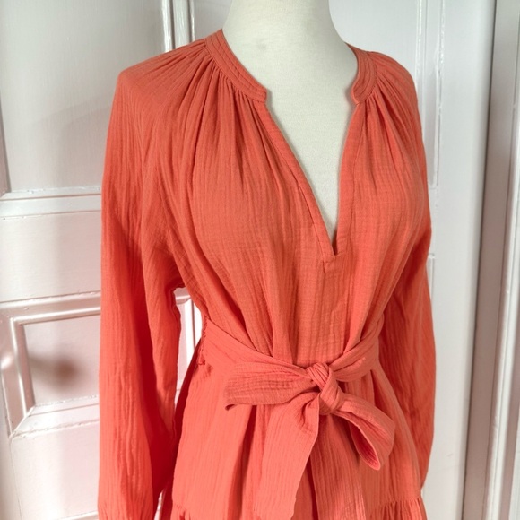 NWT Rails Women’s Aureta V-Neck Tiered Organic Cotton Belted Dress Papaya Medium - Picture 6 of 15